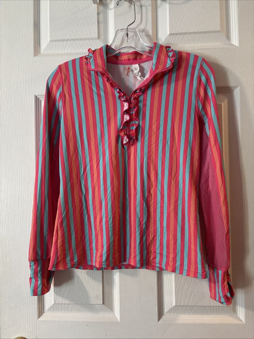Haley & the Hound XS Swim Shirt Rash Guard Modest Long Sleeves Pink Aqua Stri